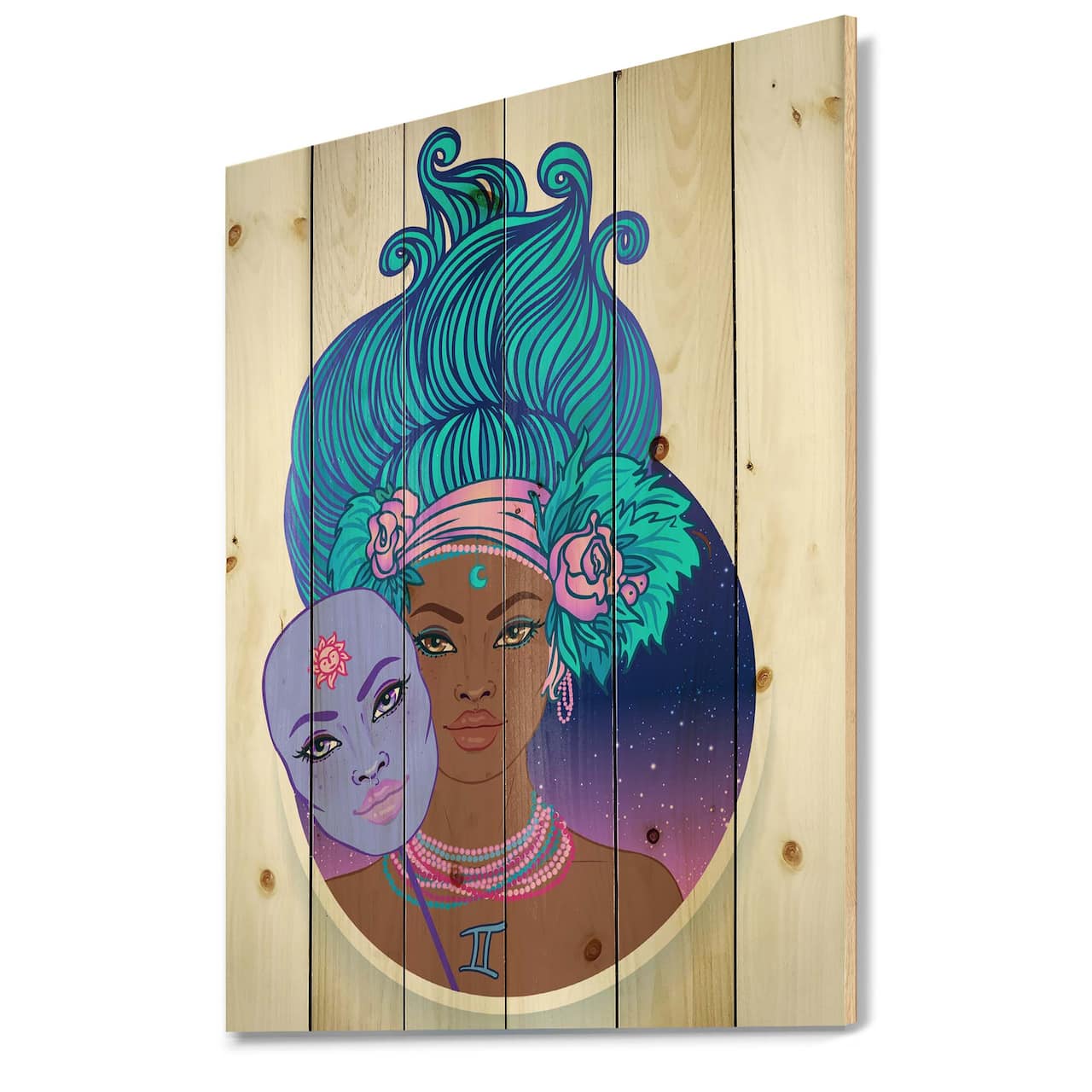 Designart - Portrait of Afro American Woman With Blue Hair II - Modern Print on Natural Pine Wood